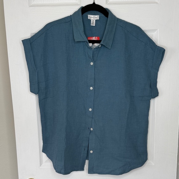 Jessica Simpson Women’s Short Sleeve Gauze Teal Top Sz M NWT - Picture 1 of 6